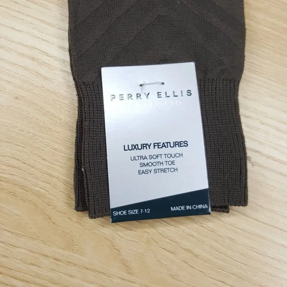 PERRY ELLIS Mens Dress Socks Brown Luxury Nylon Textured Ultra Soft Comfort